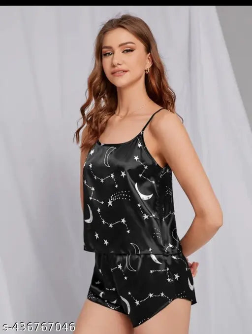 Black modal round neck sleeveless PUSHBELA pajama set with lace trim, short PJ, printed net pattern, drawstring waist, nightwear