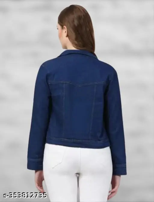 Blue denim jacket, solid design, women's and girls full sleeves for casual wear, lightweight, versatile, India origin