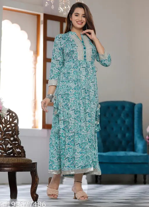 Aqua Blue Rayon Printed Kurti Gown, three-quarter sleeves, ideal for parties and festivals. High-quality Indian craftsmanship