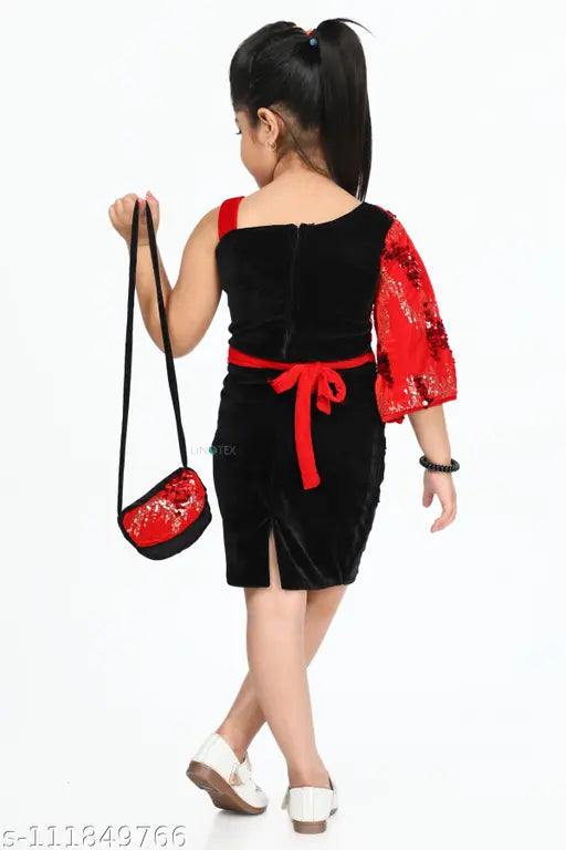 A child in a red dress with a matching handbag
