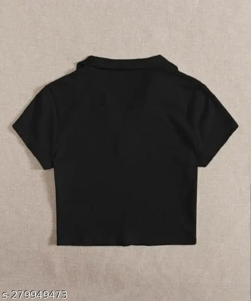 Solid cotton blend collar T-shirt, short sleeves, skin-friendly & stretchable for women