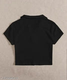 Solid cotton blend collar T-shirt, short sleeves, skin-friendly & stretchable for women