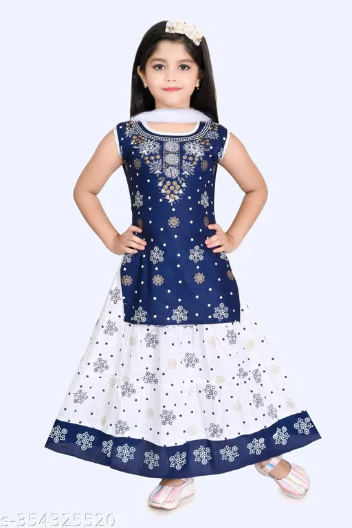 Navy Blue and White Printed Chanderi Cotton Kurta, Skirt Set with Dupatta for Girls - Sleeveless, above knee length, 1-2 years size