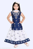 Navy Blue and White Printed Chanderi Cotton Kurta, Skirt Set with Dupatta for Girls - Sleeveless, above knee length, 1-2 years size