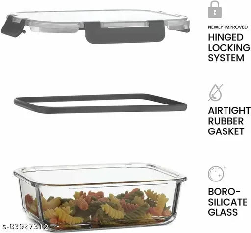 Rectangular Glass Storage Bowl Set with Clamp Plastic Multicolour Lid - 1000 ml Glass Utility Container (Clear)