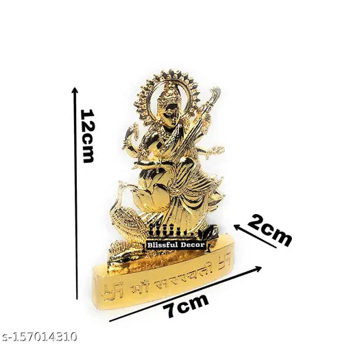 Gold-finished Saraswati MATA statue (10" x 4.5" x 0.5"), India-origin car dashboard, office showpiece for home decor & temple pooja