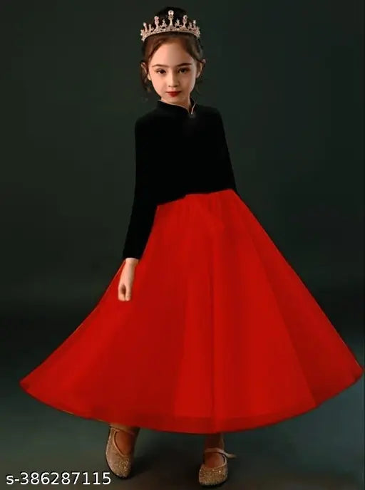 Fancy net full-length party dress for girls, solid pattern, long sleeves, various sizes available from 3-4 years to 14-15 years, made in India