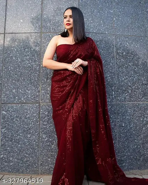 Red georgette sequined saree, women's formal wear
