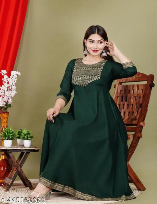 Rayon embroidered solid gown kurti, three-quarter sleeves for women, India-made fashion wear
