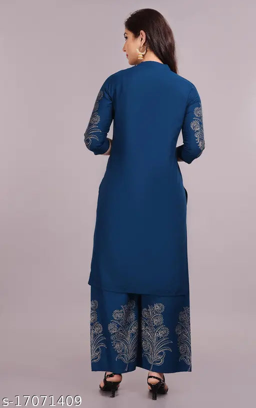 Rayon hand block gold print kurti-palazzo set, beautiful women's fashion in three-quarter sleeves, India-made