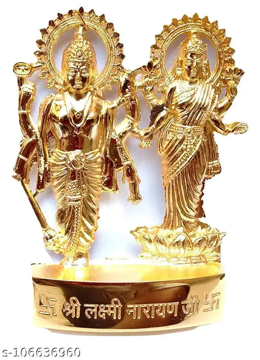 Gold standard brass Lakshmi Vishnu Ji idol for Puja, intricate Ganesh Lakshmi-Vishnu combo idol from India