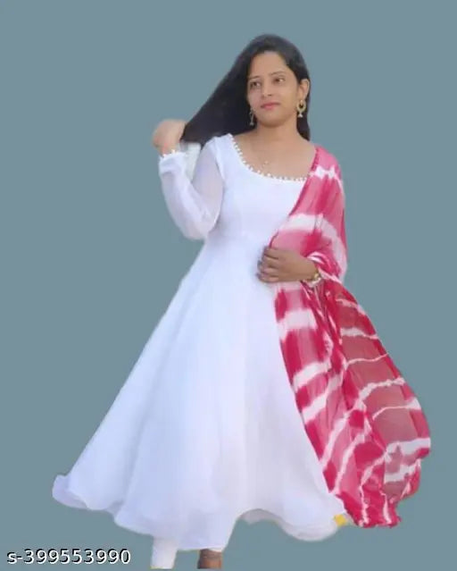 Georgette Geometric Printed Gown for Women (S-XXXL), comes with a matching multicolor dupatta