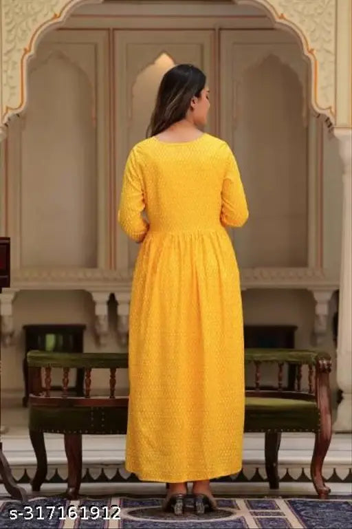 Yellow rayon Naira cut kurti, embroidery work party wear for women, three-quarter sleeves