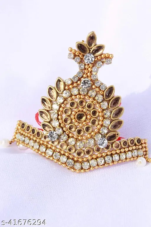 Handmade golden Mukut necklace, bangles, flute set with Laddu Gopal idol, Indian-crafted imitation gem ornaments for God