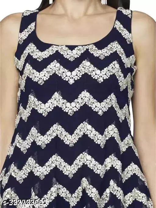 Navy blue sleeveless round neck kurta with full embroidery for women