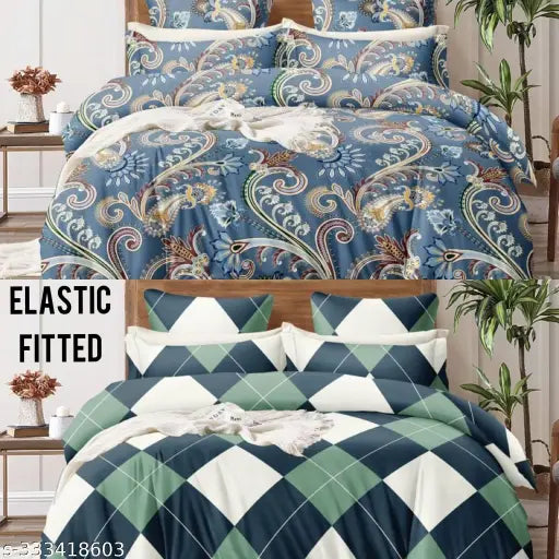 King size cotton botanical-patterned fitted bedsheet with four pillow covers, ideal for summer, by RV Creations