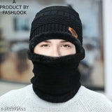 Black wool balaclava, fur-patterned cap with face cover, onesize from India