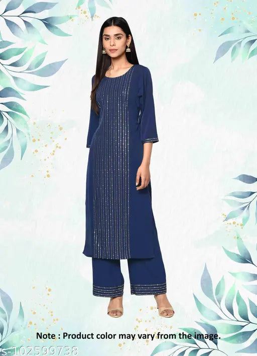 Embellished net crepe printed kurta set with palazzos, fancy look, trendy design, India origin