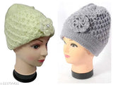 Two knitted winter beanies with soft pompoms, made from wool