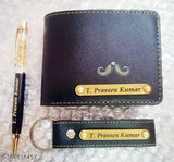 Personalized faux leather wallet keychain set with gold crush pen and mooch charm, name engraved - perfect men's gift, Indian-made accessory