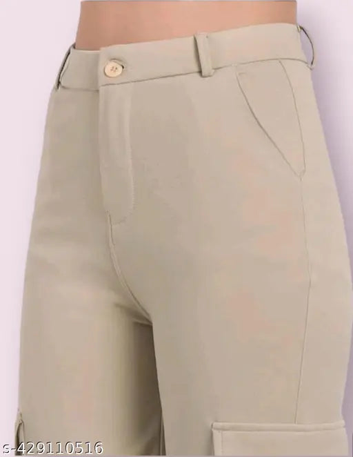 Tan cargo pants, side pockets, adjustable belt loops