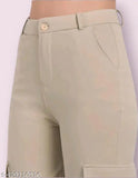 Tan cargo pants, side pockets, adjustable belt loops