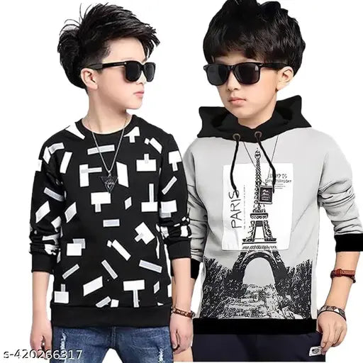 Kids Boys & Girls Hooded Neck Pure Cotton Printed Regular Fitted T Shirt, Pack of 2