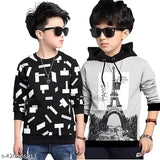 Kids Boys & Girls Hooded Neck Pure Cotton Printed Regular Fitted T Shirt, Pack of 2
