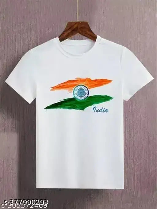 Men's white printed round neck latest trending short sleev t-shirt, polyester material with printed design, size M (Chest Size: 38 in, Length Size: 26 in)