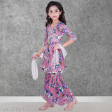 Dupion silk printed kurta sharara set with dupatta for girls, comfortable and embellished with laces - Indian ready-to-wear fashion