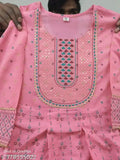Pink rayon embroidered anarkali kurta with floral print, three-quarter sleeves, and maximum length for women's casual or festive wear. Available in various sizes (XS to 7XL). Indian origin