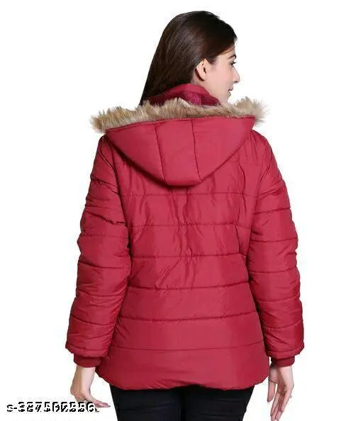 Red nylon quilted jacket winter, long sleeves, size L (bust 40in, length 26in) on model