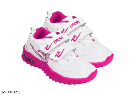 White children's sports shoes with pink details and lace up closure