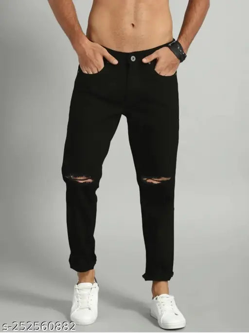 Mens black knee-cut stretchable denim regular jeans, full length & slim fit (India)