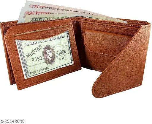 Brown faux leather compact bifold wallet for men, top-selling trendy design with ID window and multi-card slots