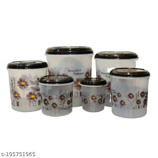 Six plastic containers in various sizes and a brown floral design, from 1KG to 12KG