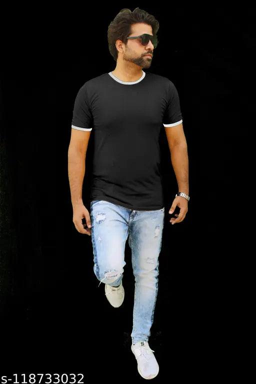 Black cotton round neck T-shirt, solid pattern, men's half sleeves