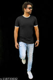 Black cotton round neck T-shirt, solid pattern, men's half sleeves