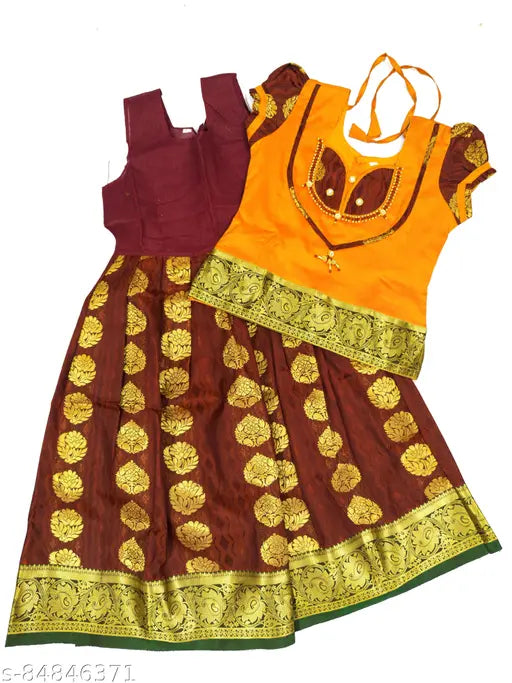 Silk sleeveless lehenga and cholis for kids, embroidered with traditional Indian pattu, semi-silk jacquard top and zari art silk bottom