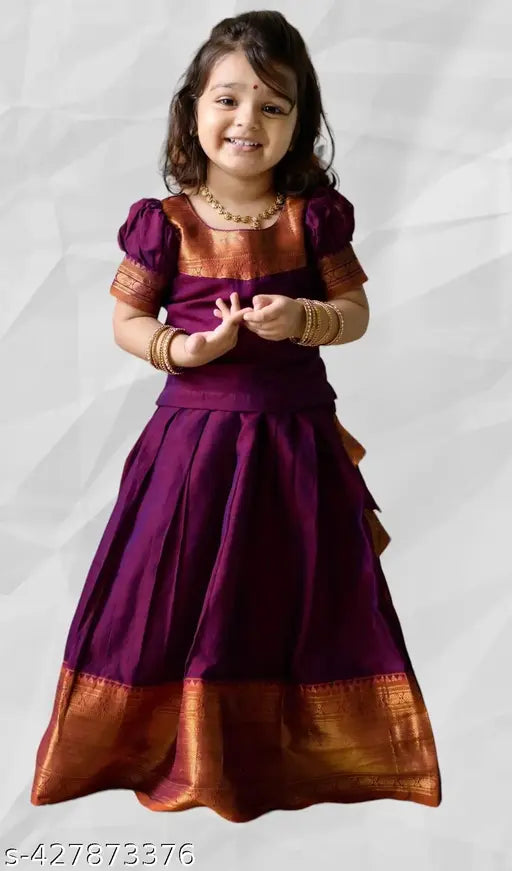 Taffeta silk Trading Pattu Lehenga Choli for girls, vibrant South Indian design with zari stitch and self-design pattern, 18-12 years sizes available