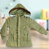 Green coat with a hood and faux fur trim, lined with what appears to be white or off-white material
