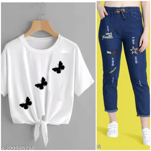 Printed denim jogger jeans & t-shirt combo pack 2 for women's trendy fashion, unique style, Indian origin