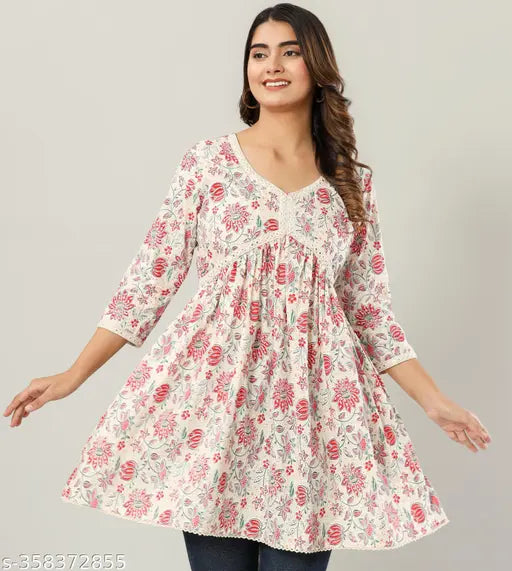 Rayon printed Alia cut anarkali short kurti for women, three-quarter sleeves, vibrant Indian fashion on model