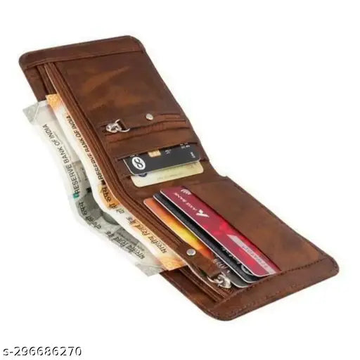 Trendy PU leather coin pocket wallet, 2 zip compartments, 5 card slots, solid design, premium artificial leather, handcrafted in India