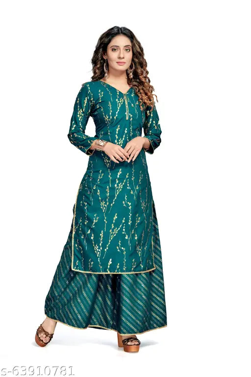 Printed rayon rayon-fabric kurta set with plazo, foil print design, three-quarter sleeves, summer collection