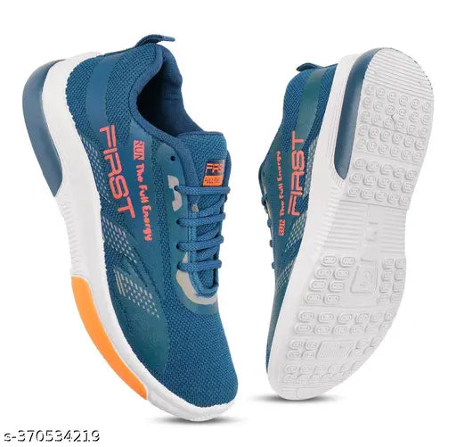 Blue and orange sports running shoes with black laces