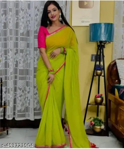Soft Georgette saree with heavy coding sequin lace border and Zardosi, Indian georgette fabric in free size, 5.5m length