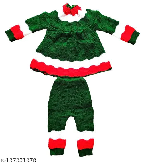 High neck tie-up woolen baby girl sweater set with pyjama cap and booties, self-design net pattern for winter wear