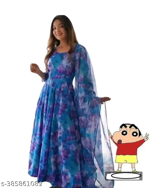 Refined georgette kurtis in printed combo, long sleeves, S (36in bust), elegant Indian formal wear