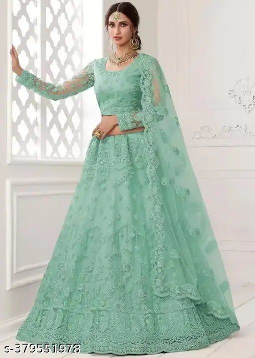 Embroidered net lehenga set for women, free size with 44 inch waist and length, Indian embroidered fashion